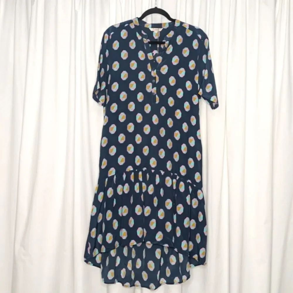 Tucker NYC Laura Dress Midnight Geo in Crepe de Chine Silk Ruffle Hem